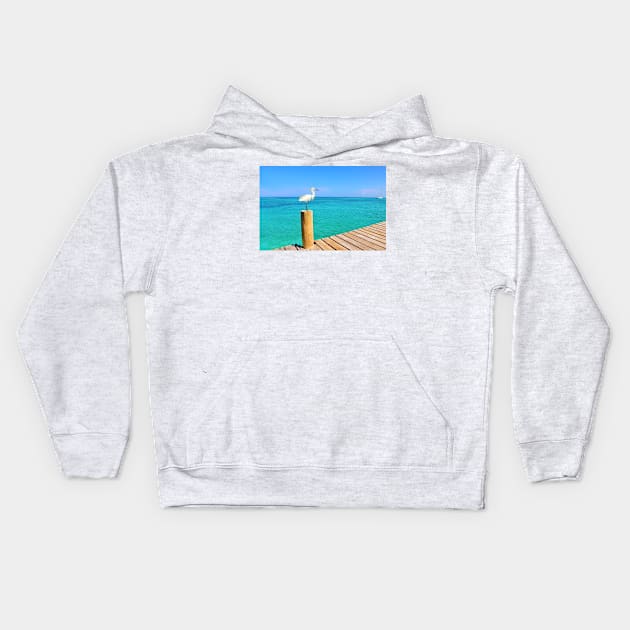 Snowy Egret at the Ocean Pier Kids Hoodie by lauradyoung